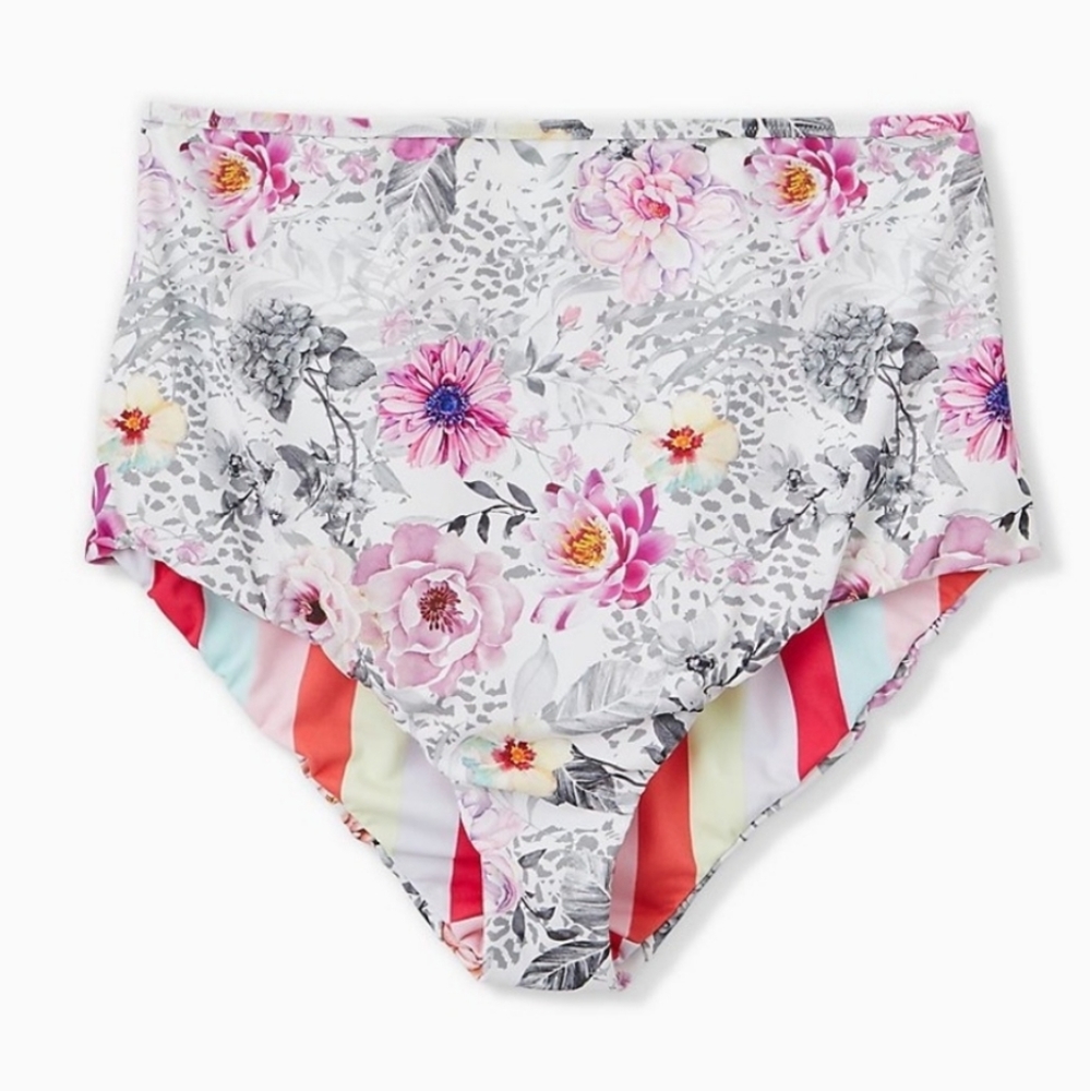Torrid 1 1x CORAL STRIPE & WHITE FLORAL REVERSIBLE HIGH WAIST SWIM BOTTOM
